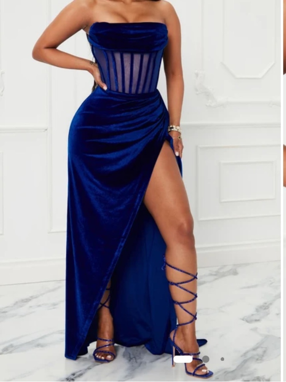 Fashion Nova Royal Blue Strapless Velvet Maxi Dress with Sheer Corset